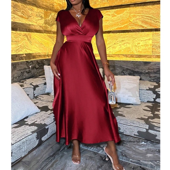 Luxe Satin Plunging Neck party Holiday Midi Dress - Picture 6 of 6